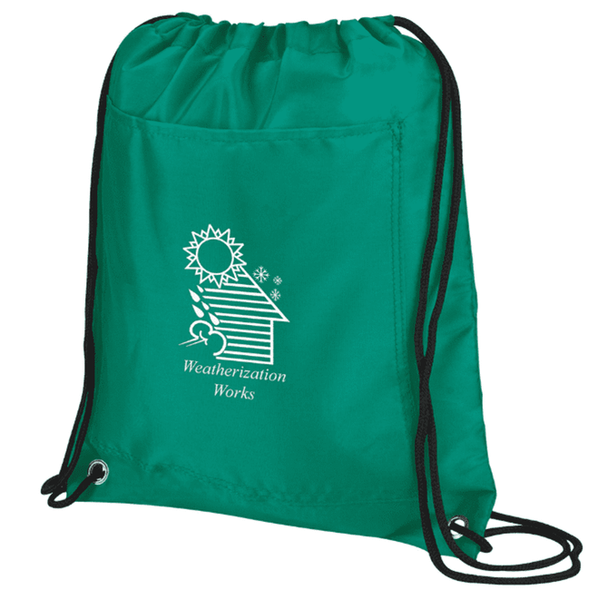A green drawstring cooler pack with a black drawstring and a logo printed on the front.