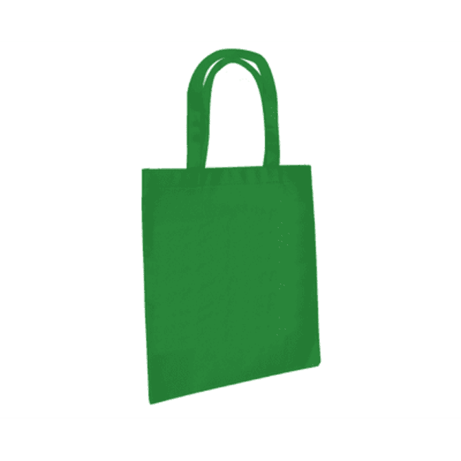 A green tote bag with two straps and a plain design, featuring a branding logo.