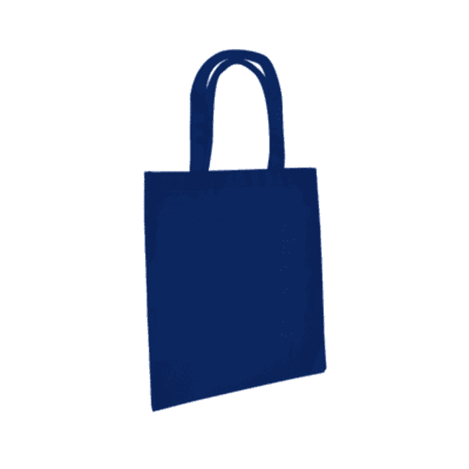 A navy blue tote bag with two long handles and a simple design. It has a logo on the front.