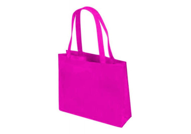 A bright pink tote bag with two handles, featuring a simple design and a branding logo.