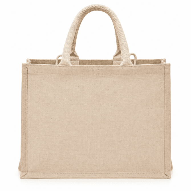 A large jute shopping bag in a natural beige colour with sturdy handles and a simple design.