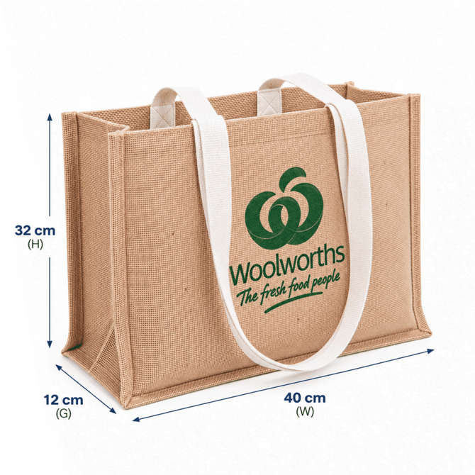 A jute tote bag in natural beige with white handles and a logo on the front. Dimensions provided.