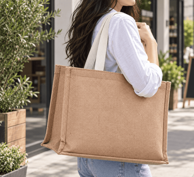 A jute boutique bag with gusset in a natural brown colour, carried on a woman's shoulder. It features a logo.