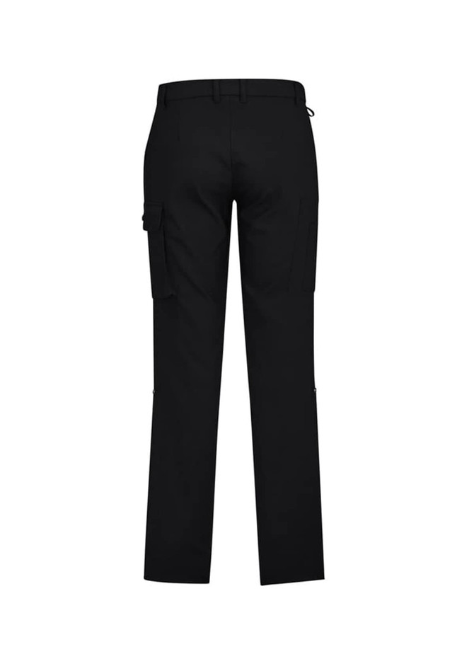 Black men's cargo pants with a straight leg and side pockets, featuring a logo on the waistband.