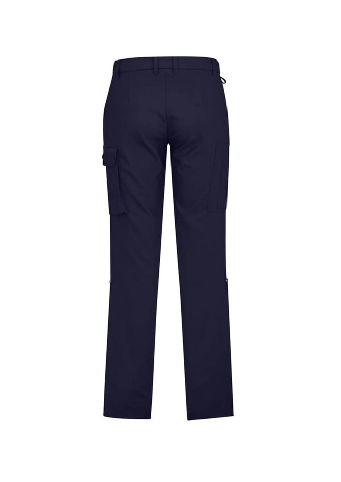 Navy men's cargo pants featuring a comfort waist, with pockets on the sides and back, and a logo present.