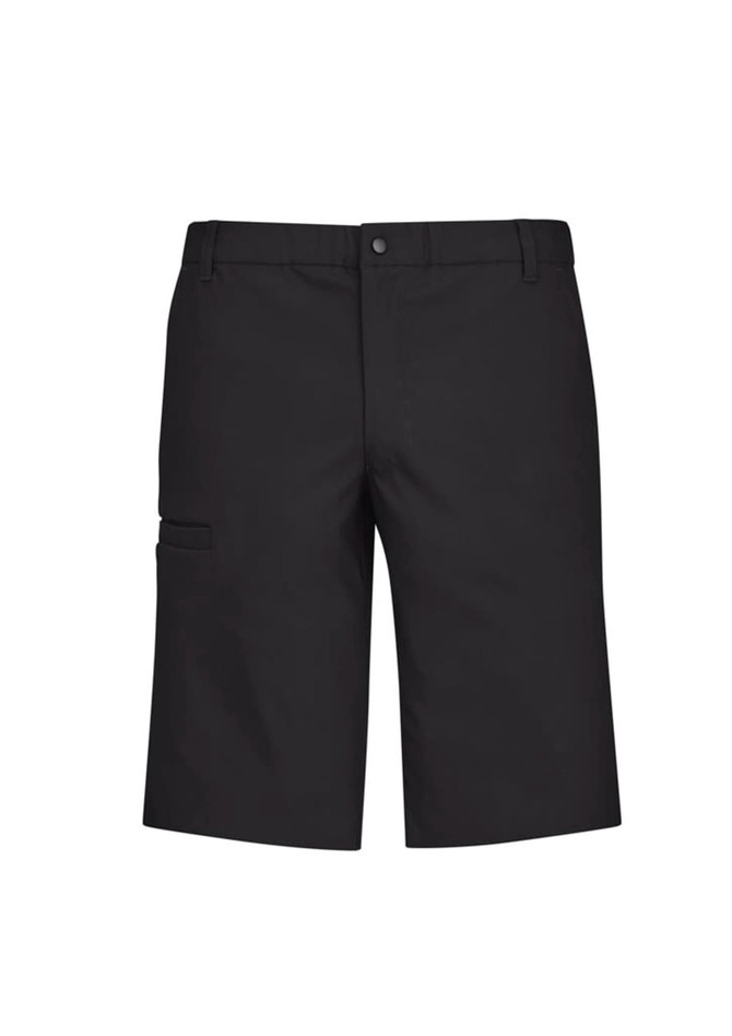 A pair of black men's cargo shorts featuring side pockets and a button closure. The shorts have a branding logo.