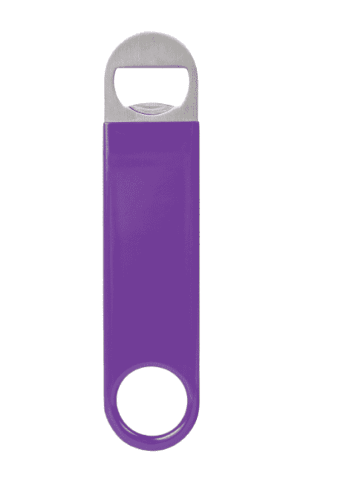 A drink bottle opener in a vibrant purple vinyl wrap with a metal opening end and a keyring attachment.