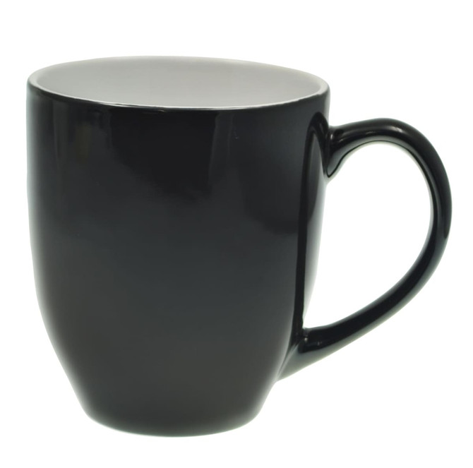 A black coffee mug with a smooth finish and a contrasting light-coloured interior. 
