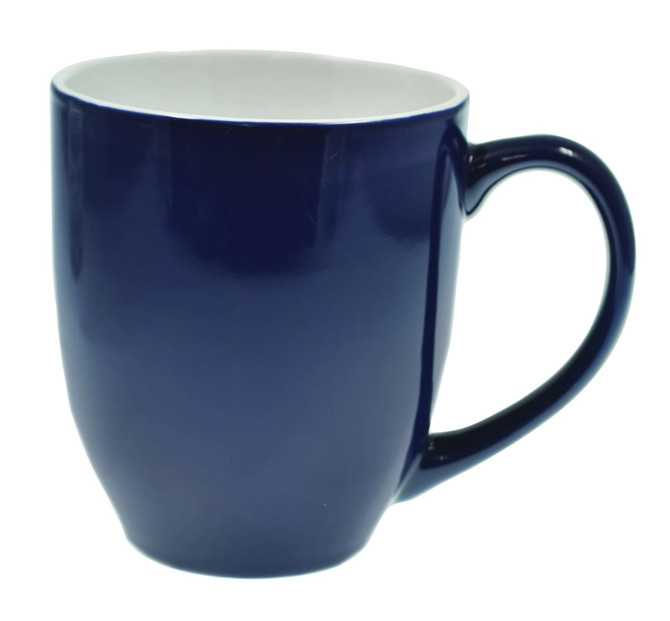 A navy blue coffee mug with a glossy finish and a curved handle. It features a plain design without any logos.