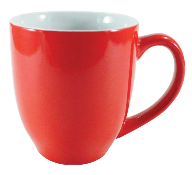 A red coffee mug with a smooth finish and a contrasting white interior, featuring a handle and a logo.