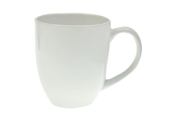 A white coffee mug with a smooth finish and a curved handle, featuring a simplistic design.
