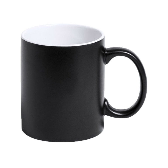 A coffee mug with a black exterior and white interior, featuring a handle and a branding logo.