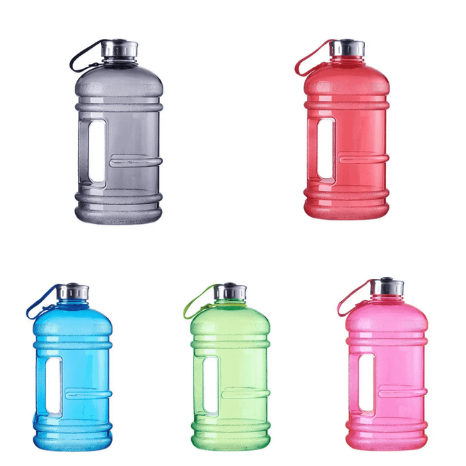 A drink bottle with a 2.2-litre capacity available in grey, red, blue, green, and pink colours, featuring a logo.