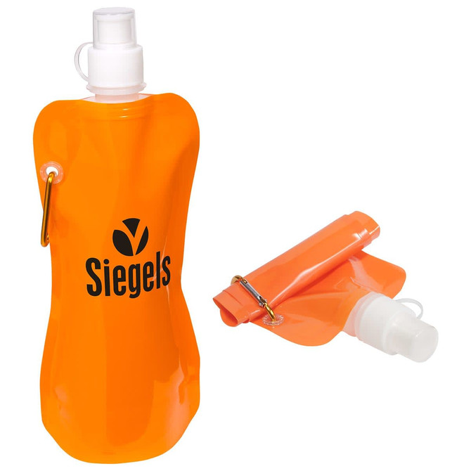 A drink bottle in vibrant orange with a flexible design and a carabiner attachment. It features a logo.