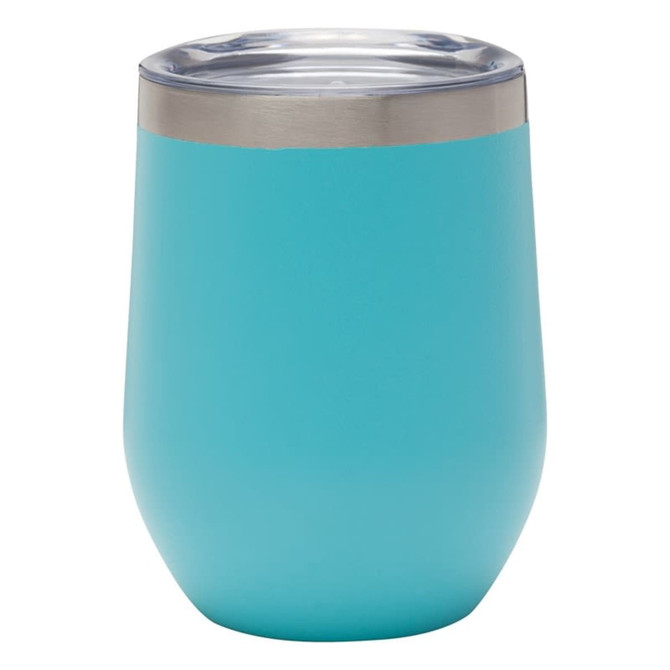 A drink bottle in a vibrant turquoise colour with a stainless steel rim and clear lid, featuring a logo.