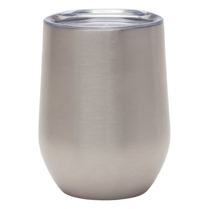 A reusable 350ml stainless steel coffee cup with a clear lid, featuring a sleek design and a metallic finish.