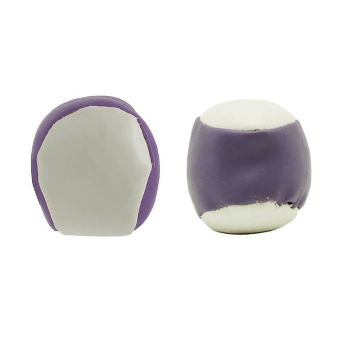 A purple and white Hacky Sack, featuring a smooth, rounded design with distinct sections and a logo.