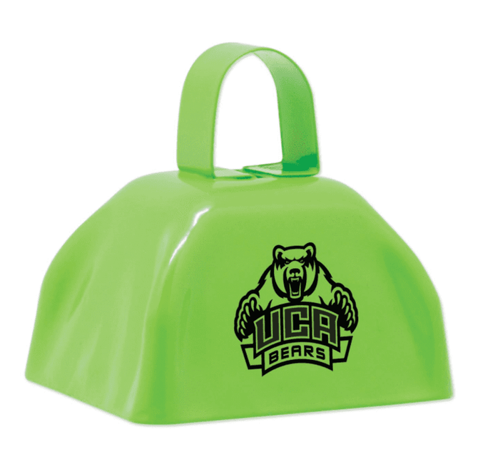A bright green cowbell featuring a bear logo and a sturdy handle for easy ringing at events.