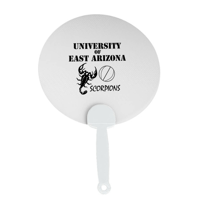 A round white plastic hand fan with a handle and a logo featuring a scorpion. Includes text related to a university.