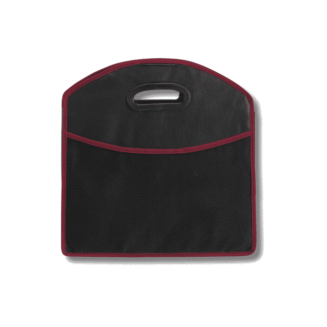 A black expandable boot organiser with burgundy trim and a top handle for easy carrying.