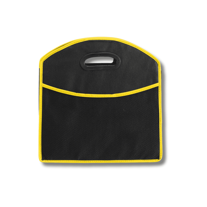 A black expandable boot organiser with yellow accents and a handle, featuring a front pocket.
