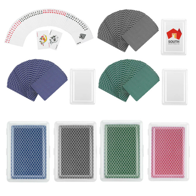 A set of playing cards in a case, featuring two colour options: red, green, and blue, along with a transparent storage case.