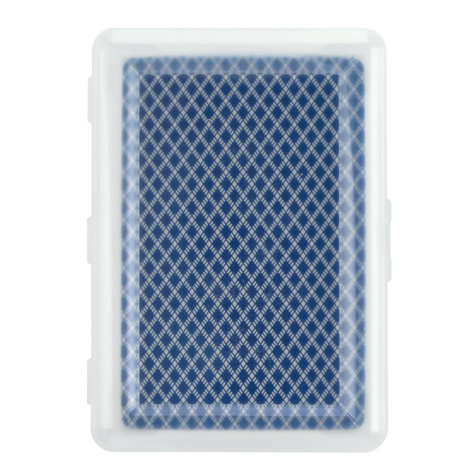 A set of playing cards in a clear case, featuring a blue and white diamond pattern on the cards.