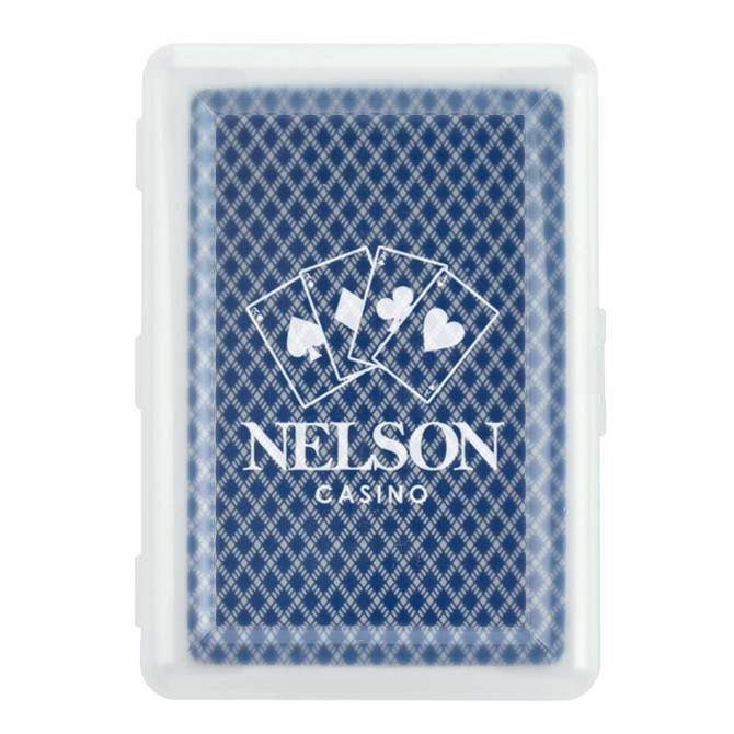 A set of playing cards in a clear plastic case, featuring a blue design with a logo and card graphics.