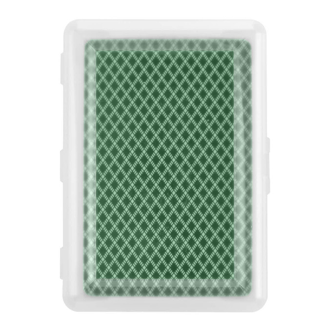 A green deck of playing cards housed in a clear plastic case with a textured pattern.