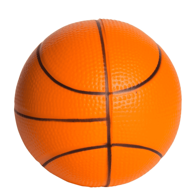 An orange basketball-shaped stress ball with textured surface and black stripes. It has a logo on it.