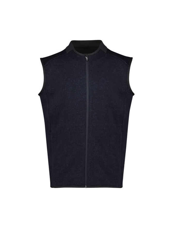 A sleeveless black vest with a zip front and a high collar. It features a subtle texture and has a logo.
