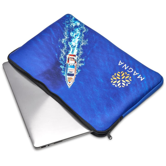 A blue neoprene laptop sleeve featuring a boat design and a logo, with a zipper for closure.