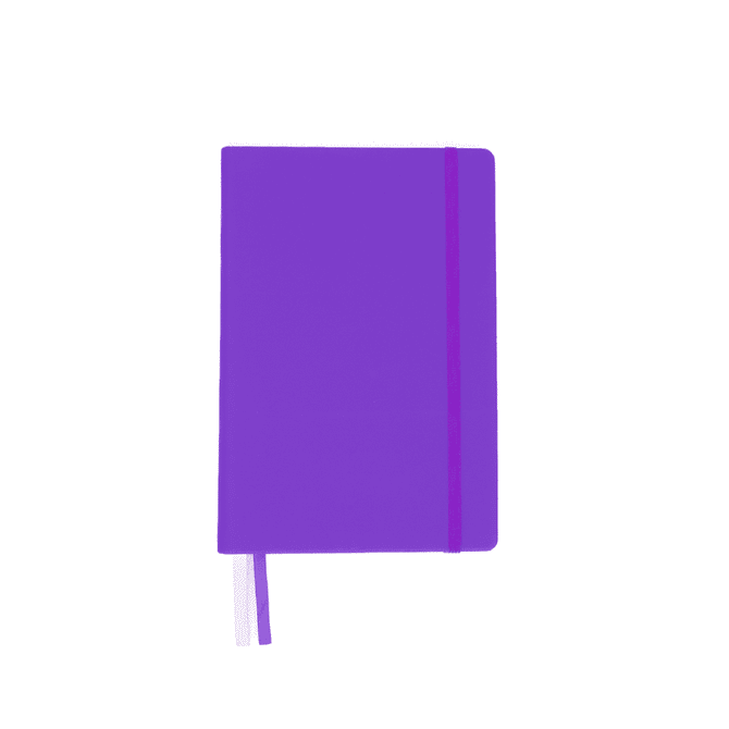 A purple A5 notebook with a contrasting elastic band and a ribbon bookmark. Features branding on the cover.