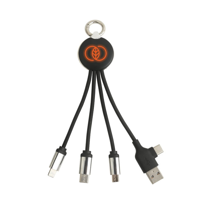A round-shaped black charging cable with three connectors and a keyring attachment, featuring an illuminated design.