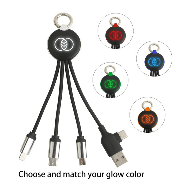 Round shaped, multi-charging cable in black with glowing accents. Includes multiple connectors and a keyring attachment.