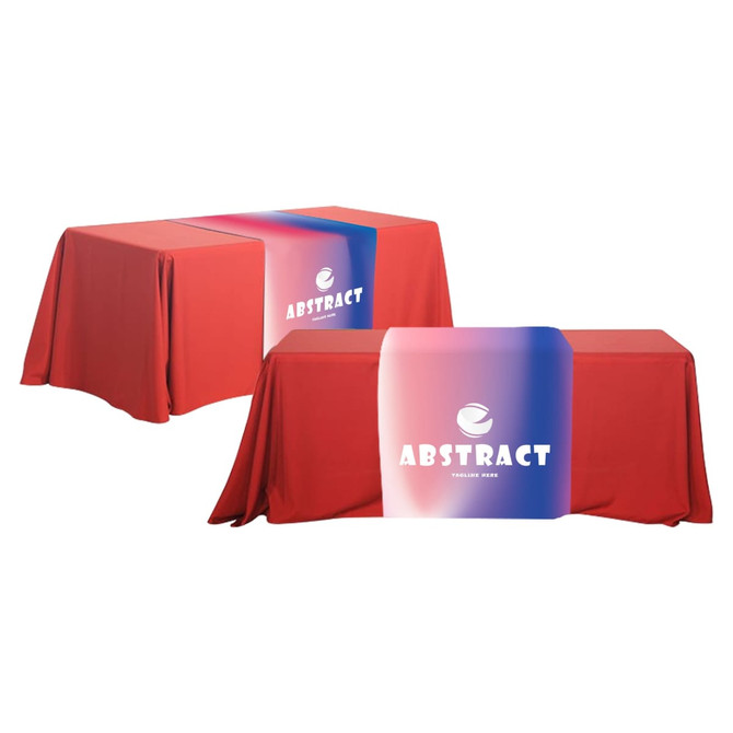 A large red table runner with a central graphic featuring branding and a gradient design.