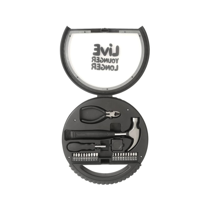 A black car wheel tool kit featuring various tools, including a hammer, pliers, and a selection of screwdriver bits.