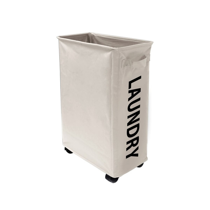 A cream laundry basket with wheels, featuring handles and black text on the side.