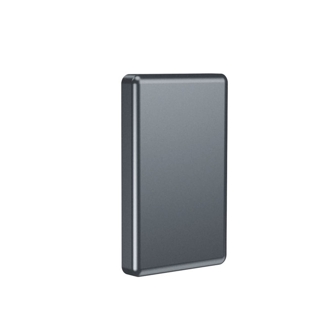A black aluminium power bank with a sleek design, featuring a logo on the surface.