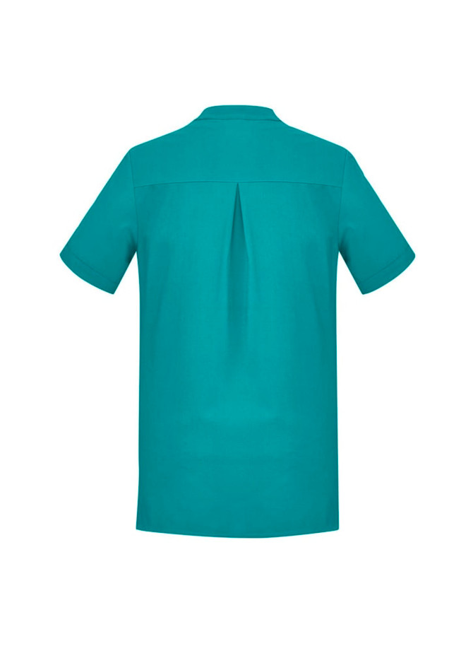 A turquoise women's tunic with short sleeves and a back pleat, featuring a logo.