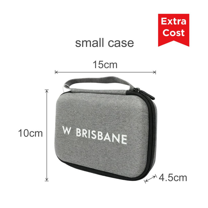 A small grey case with a zippered closure and a carry handle, featuring a logo on the front.