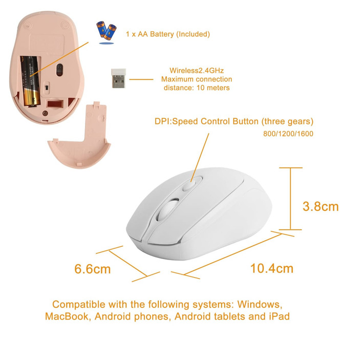 A wireless mouse in white with a pink underside, featuring a battery compartment and DPI control button.