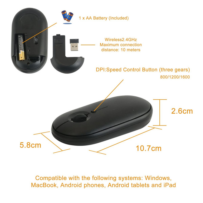 A slim black wireless travel mouse with a USB receiver, featuring a DPI speed control button and an included AA battery.