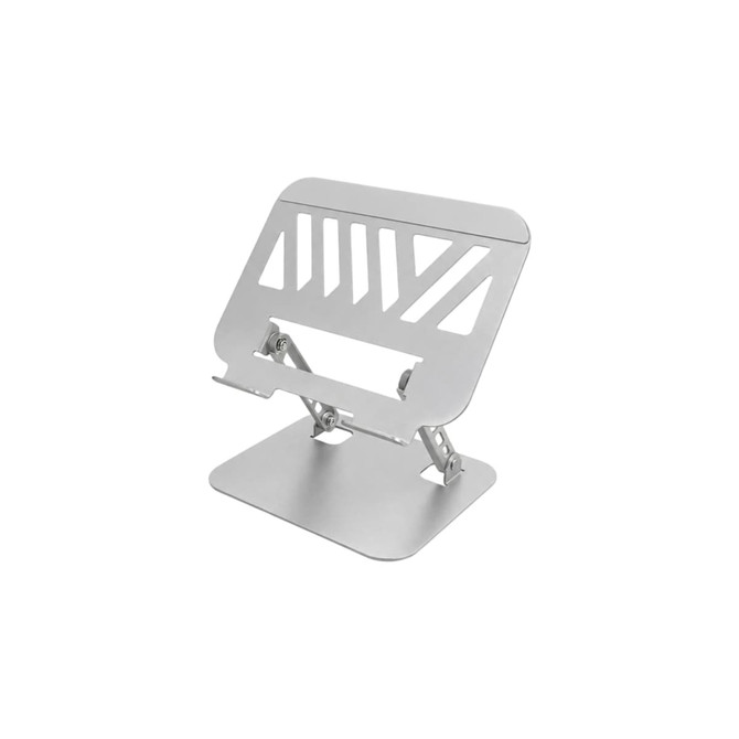 A foldable metal laptop stand in silver, featuring a unique cut-out design and adjustable angles for support.