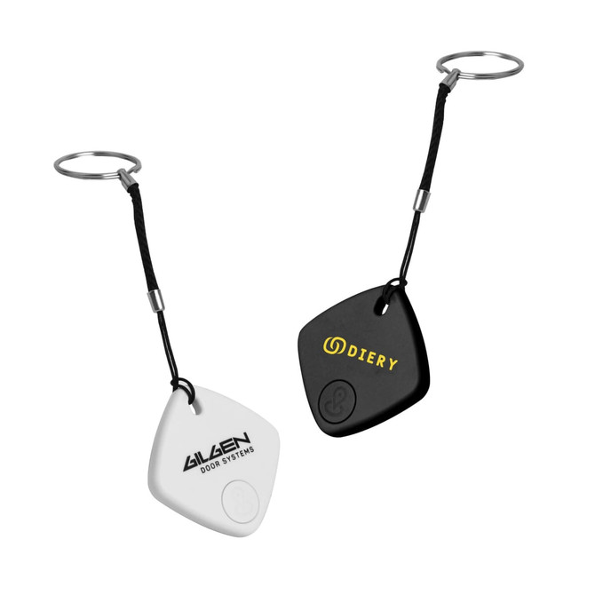 A white and black smart tag with keyrings, featuring a small logo on each tag.