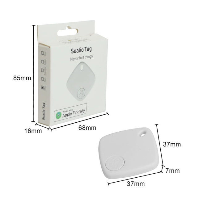A white Locator Smart Tag in its packaging, featuring dimensions and a logo, designed for tracking items.