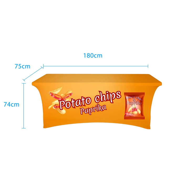 An orange stretch table cover with graphics featuring potato chips and paprika flavour. Dimensions are 180cm x 75cm x 74cm.