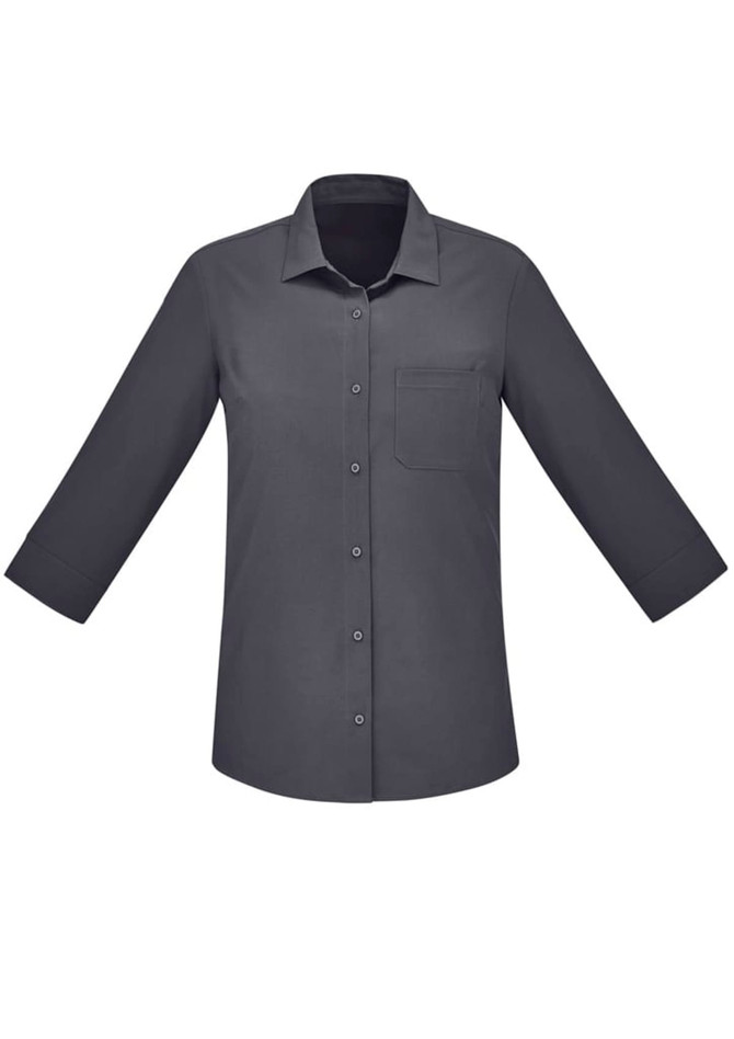 A women's button-up shirt in dark grey with 3/4 sleeves and a single chest pocket. It features a logo.