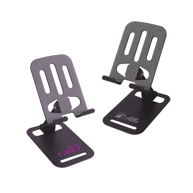 A foldable metal mobile phone stand in black, featuring a stylish design and space for branding.