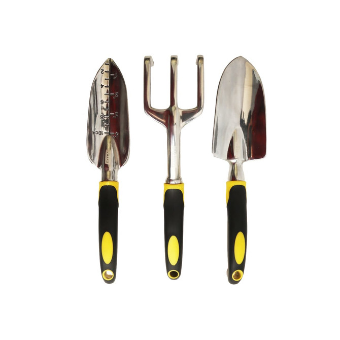 A garden hand tool set featuring three stainless steel tools with yellow and black ergonomic handles.